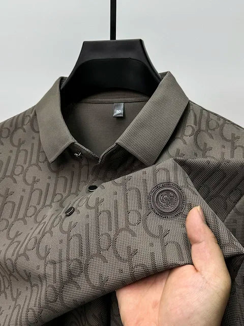 Summer New High-end Silk Short Sleeved Polo Shirt for Men's Luxurious Embossed Casual Fashion Comfortable Breathable Cool Top