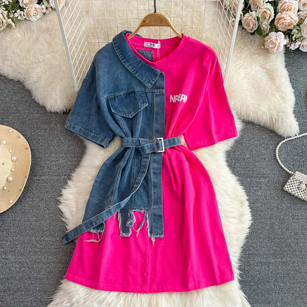 Elegant Summer Women Patchwork Denim Shirts Vintage Casual Slim Blouses Tops with Belted Female Fashion Pullover Clothes New