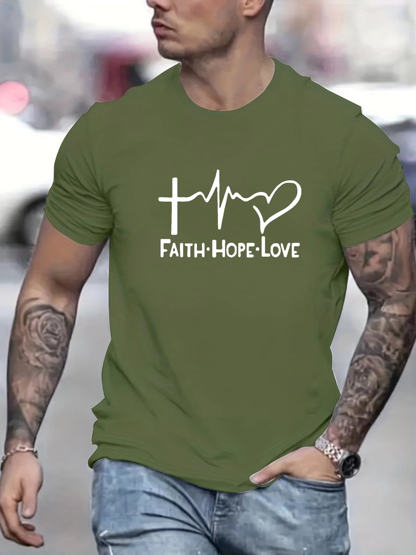 Men's 100% cotton fashionable casual sports loose fit plus size FAITH HOPE LOVE printed round neck short sleeved T-shirt top