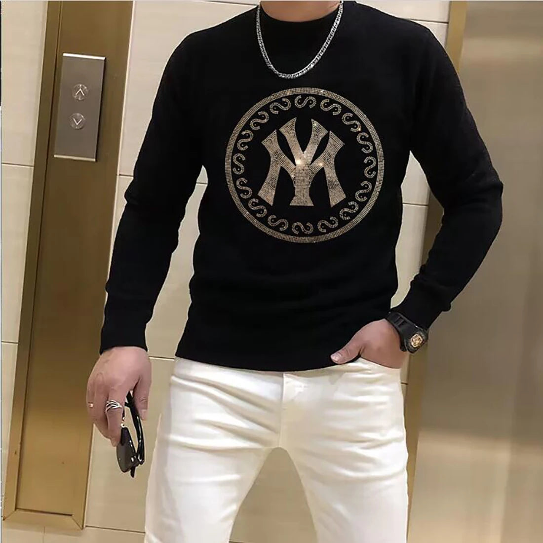 Men's Sweater Pullover  Winter New Fashion Rhinestone Printing Luxury Popular Homme Clothing Warm Streetwear Black Inner Garment