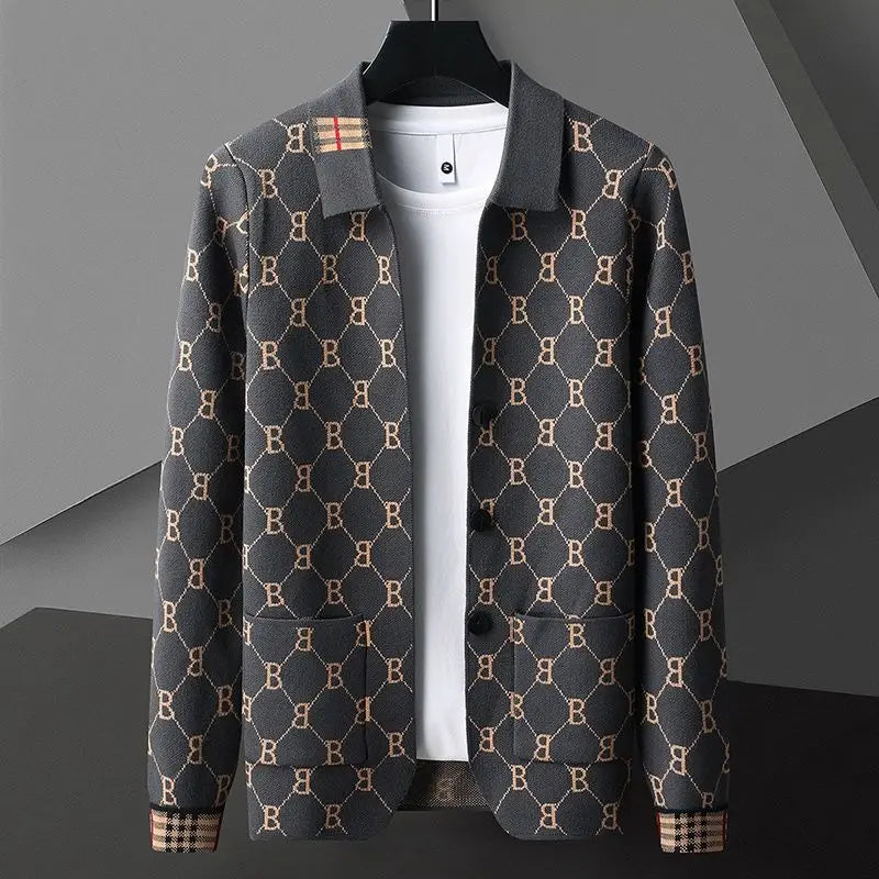 Spring Autumn New Men Luxury Cardigans Sweaters Lapel Printing Knitted All-match Chic Long Sleeve Business Casual Fashion Coats