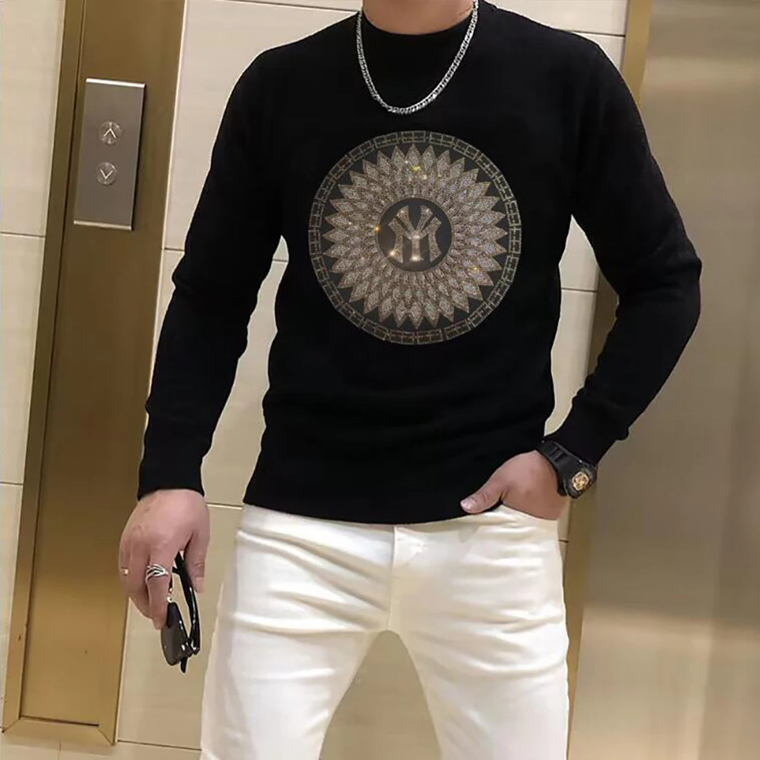 Men's Sweater Pullover  Winter New Fashion Rhinestone Printing Luxury Popular Homme Clothing Warm Streetwear Black Inner Garment