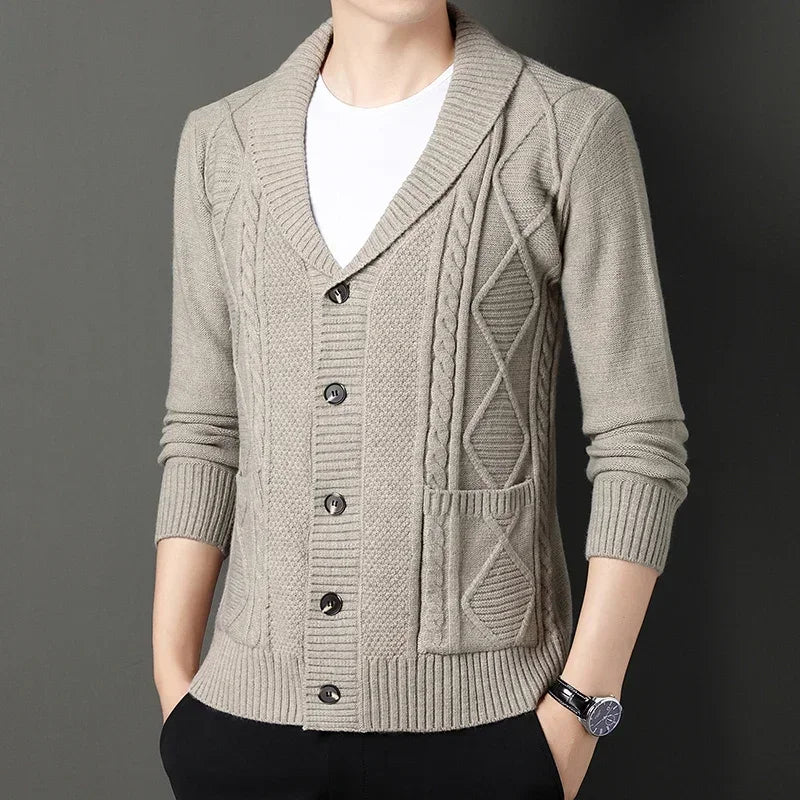 Cardigan Men's  Diamond Plaid Thick Wool Warm Fashion Long Sleeved Casual Cardigan  Knitted Sweater Men