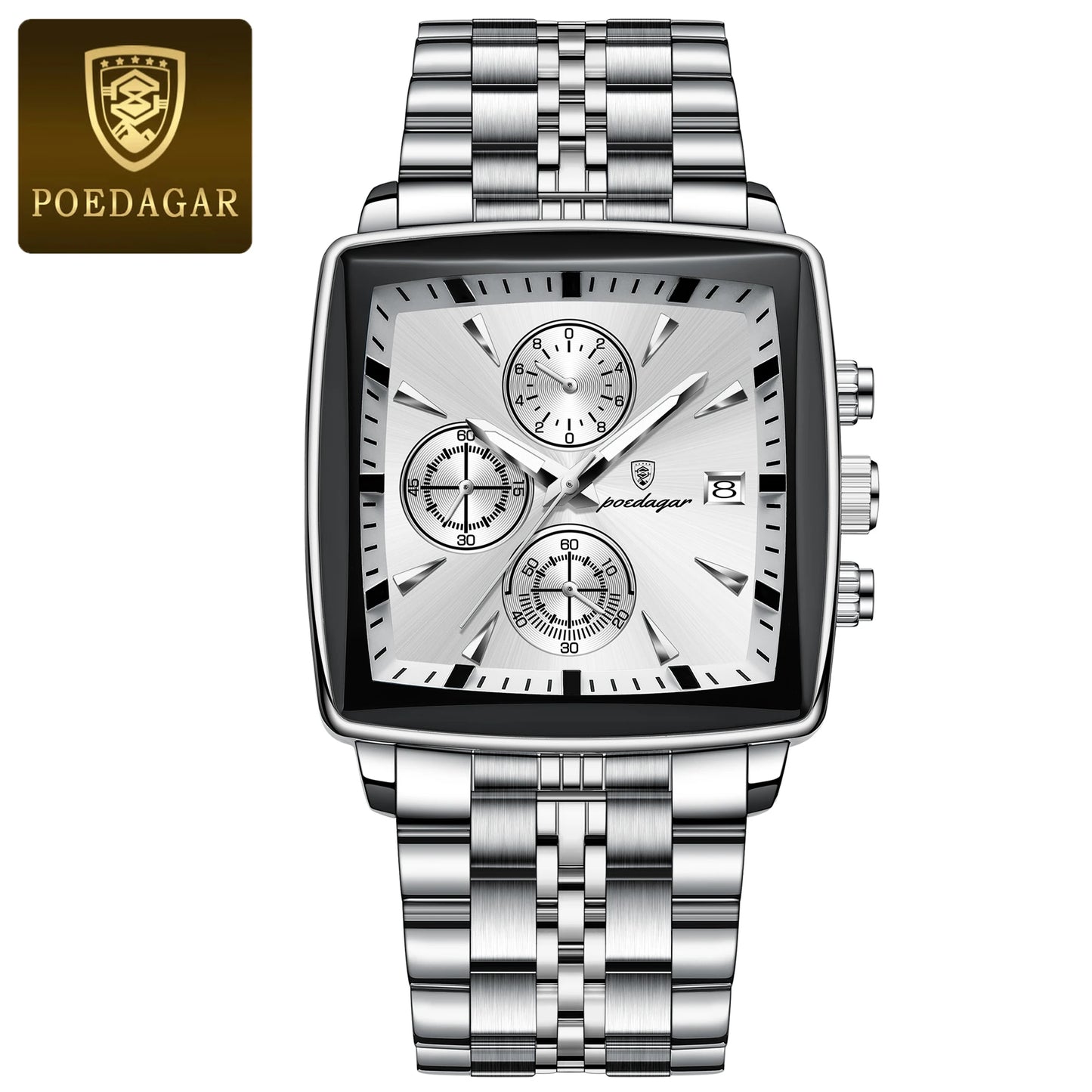 POEDAGAR Business Men Clock Waterproof Luminous Calendar Chronograph Square Man Watch Stainless Steel Quartz Men's Watches Reloj