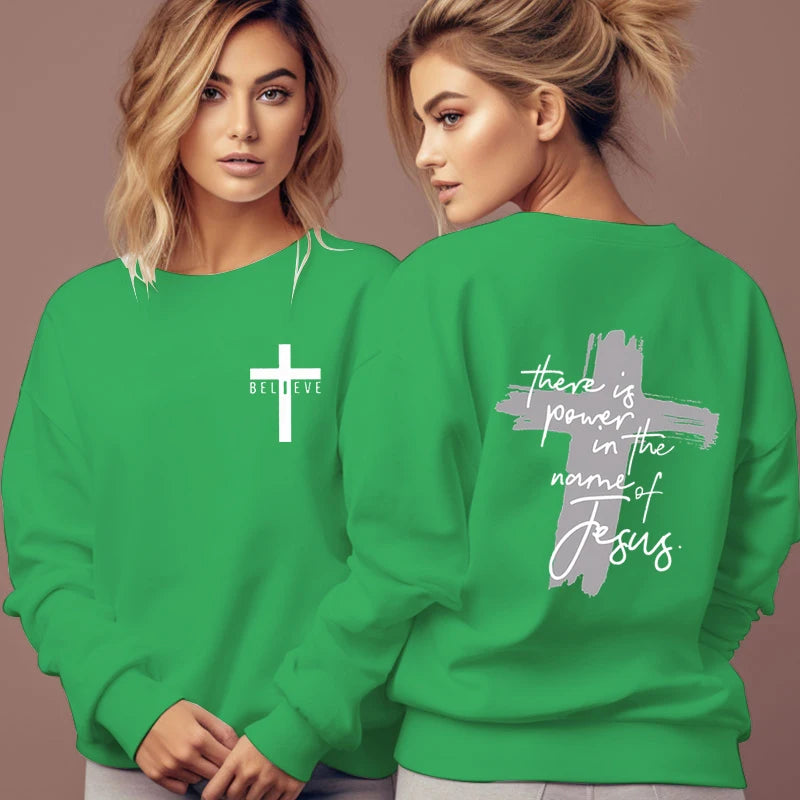 Women Christian Faith Sweatshirt There Is Power in The Name of Jesus Graphic Letter Hoodie Female Cross Faiths Hoodless Pullover