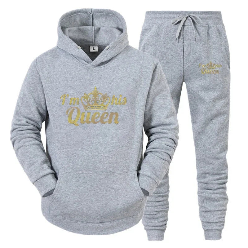 2025 Sports fashion long-sleeved King and Queen printed hoodie set Autumn and winter couple hoodie pants two-piece set