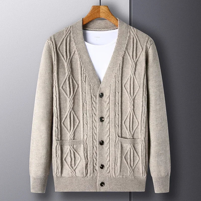 Cardigan Men's  Diamond Plaid Thick Wool Warm Fashion Long Sleeved Casual Cardigan  Knitted Sweater Men