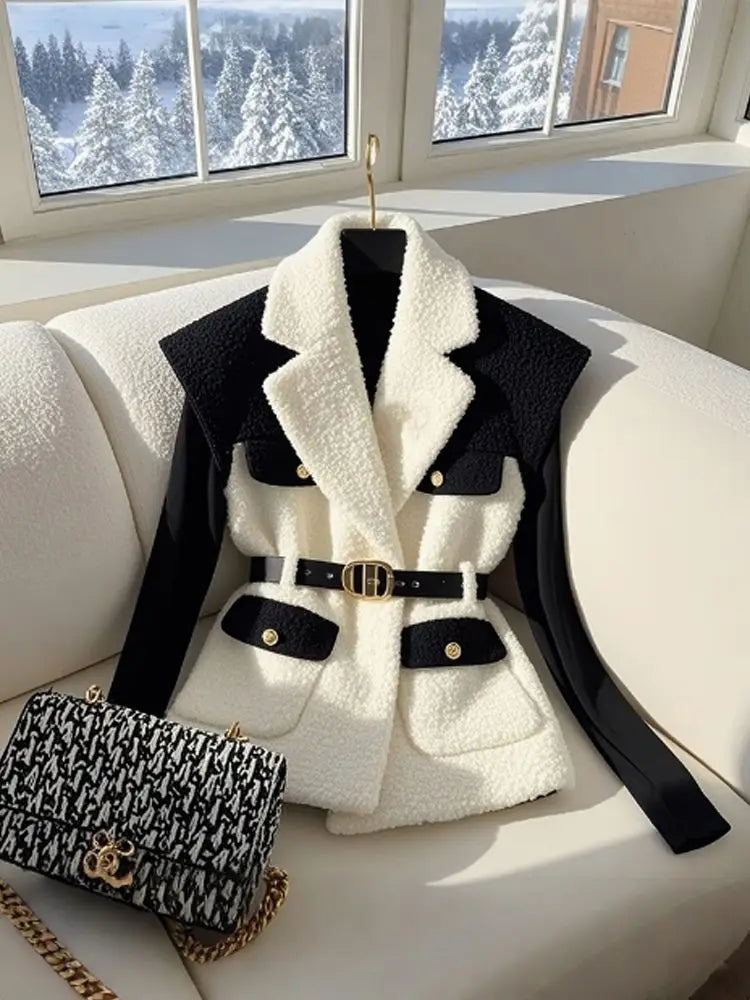 Women's Spliced Vest 2025 New Winter High-end Feeling Unique Super Good-looking Thick Black White Splicing Vest Layered Jacket