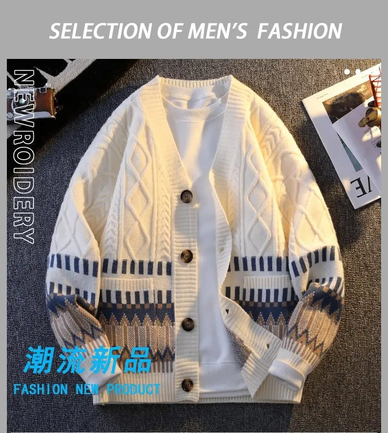 Japanese Cardigan Retro Patchwork V-neck Knitted Sweater Warm Men Women New Fashion Casual Loose Knitwear Jackets Brand Clothing