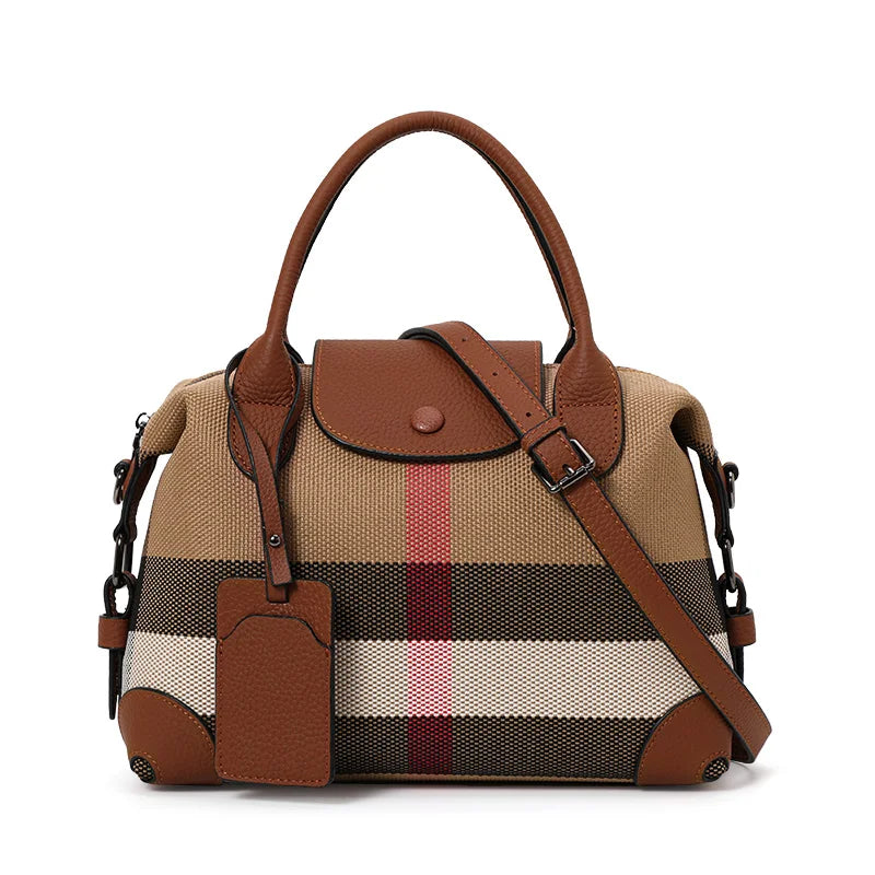 Aidran Exquisite women's bag, Boston bag with canvas and leather stitchingRetro plaid handbag for daily commute novelty of 2024