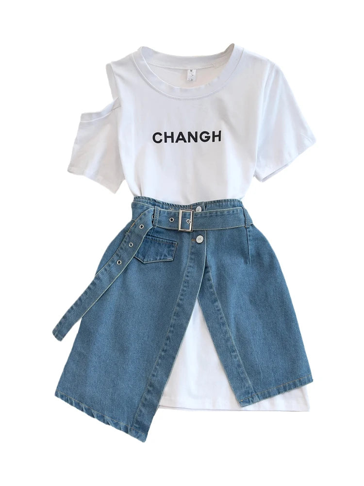 XFPV Women's Round Neck Off Shoulder Mid Length T-shirt Short Sleeve Two Piece Set High Waist Denim Skirt  Fashion Summer 2025