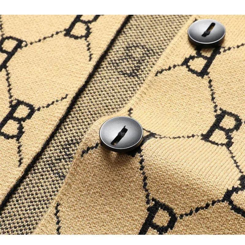 Spring Autumn New Men Luxury Cardigans Sweaters Lapel Printing Knitted All-match Chic Long Sleeve Business Casual Fashion Coats