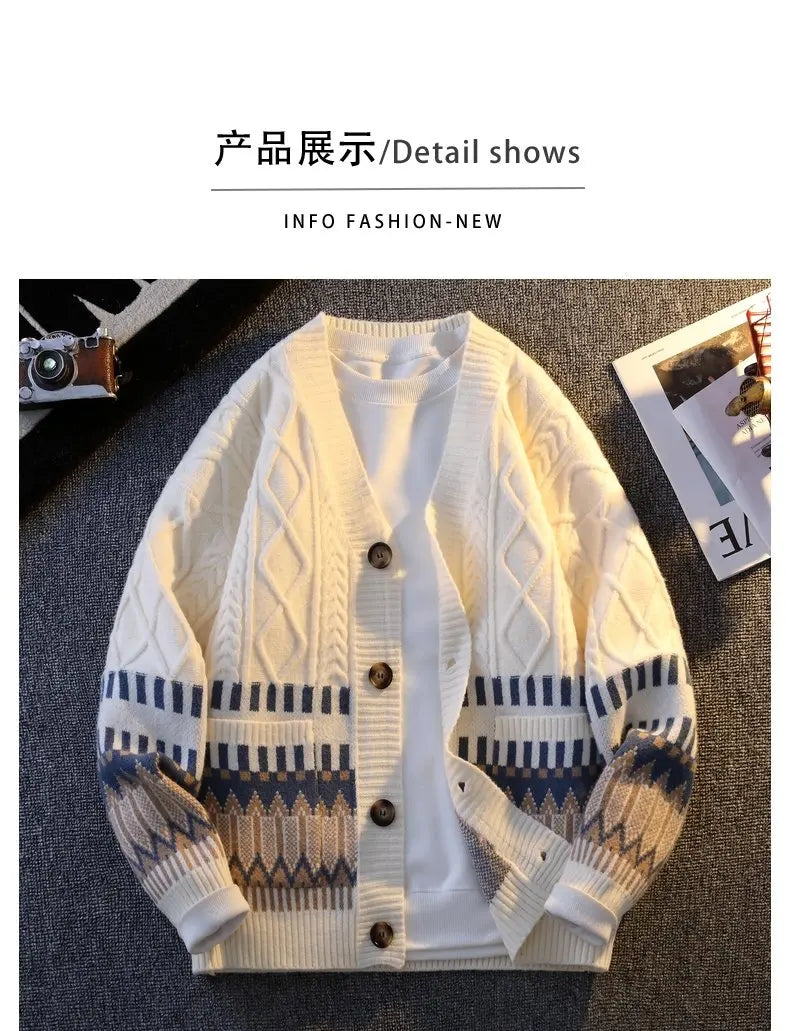 Japanese Cardigan Retro Patchwork V-neck Knitted Sweater Warm Men Women New Fashion Casual Loose Knitwear Jackets Brand Clothing