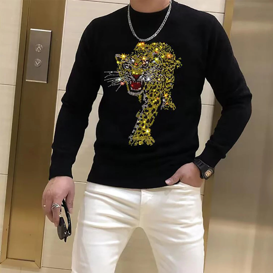 Men's Sweater Pullover  Winter New Fashion Rhinestone Printing Luxury Popular Homme Clothing Warm Streetwear Black Inner Garment