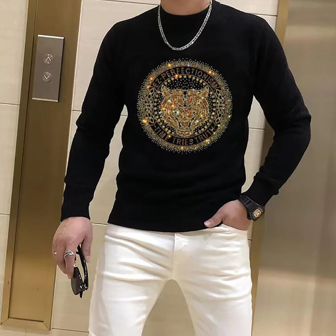 Men's Sweater Pullover  Winter New Fashion Rhinestone Printing Luxury Popular Homme Clothing Warm Streetwear Black Inner Garment