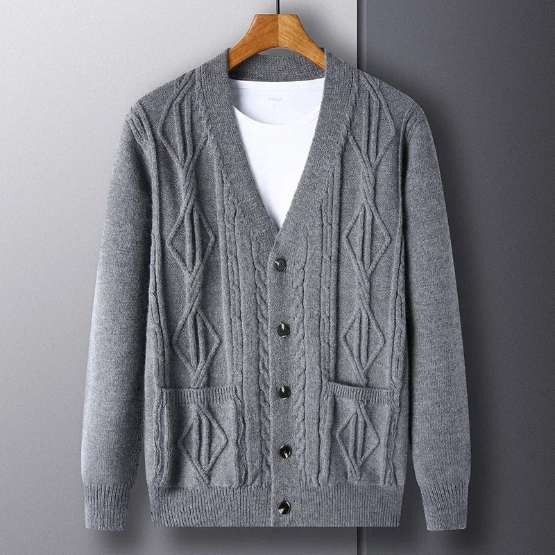 Cardigan Men's  Diamond Plaid Thick Wool Warm Fashion Long Sleeved Casual Cardigan  Knitted Sweater Men