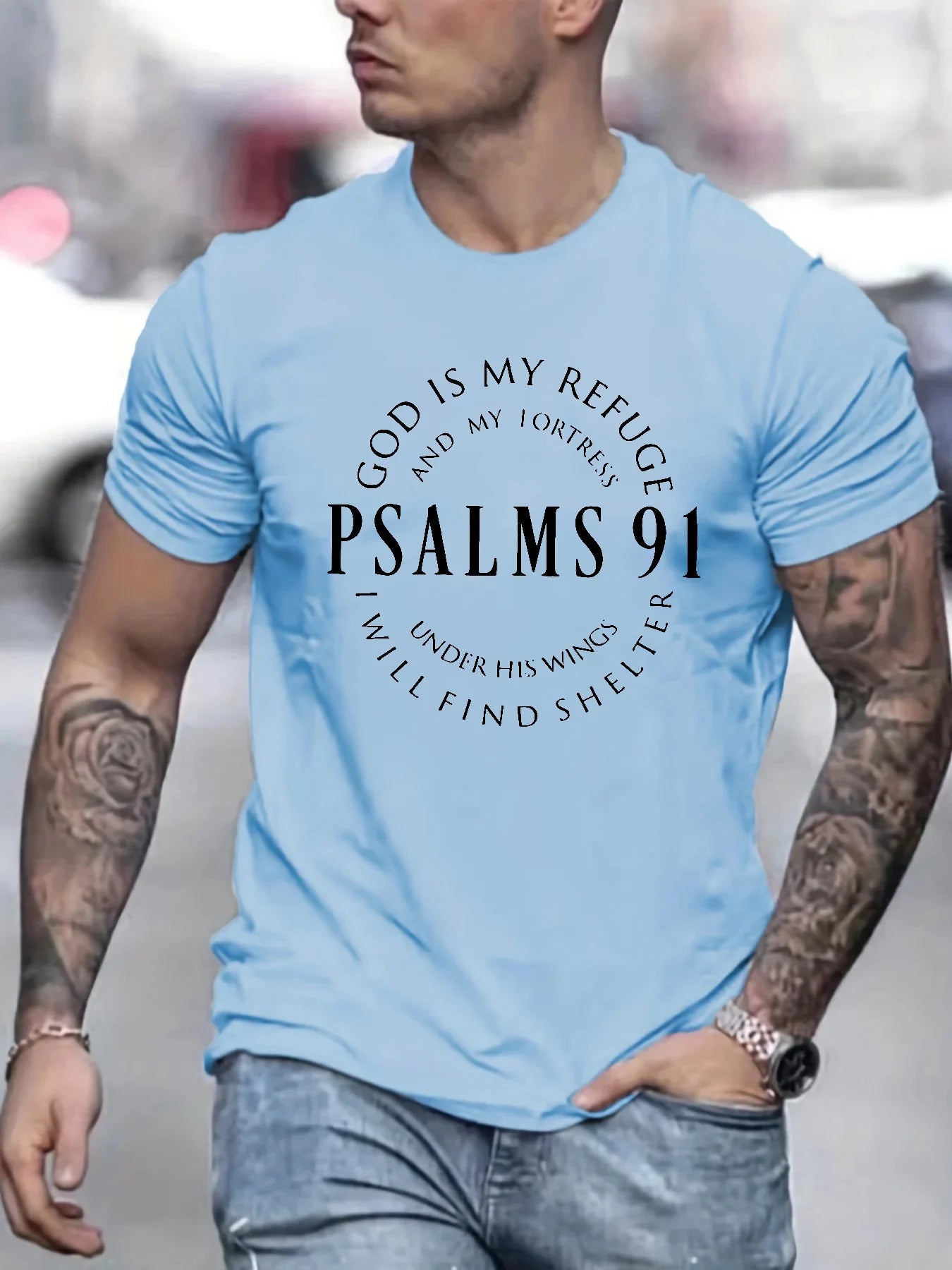 Men's 100% cotton summer loose fit Trendy Letter Psalms 91 Letter Ring Pattern print casual round neck short sleeved T-shirt