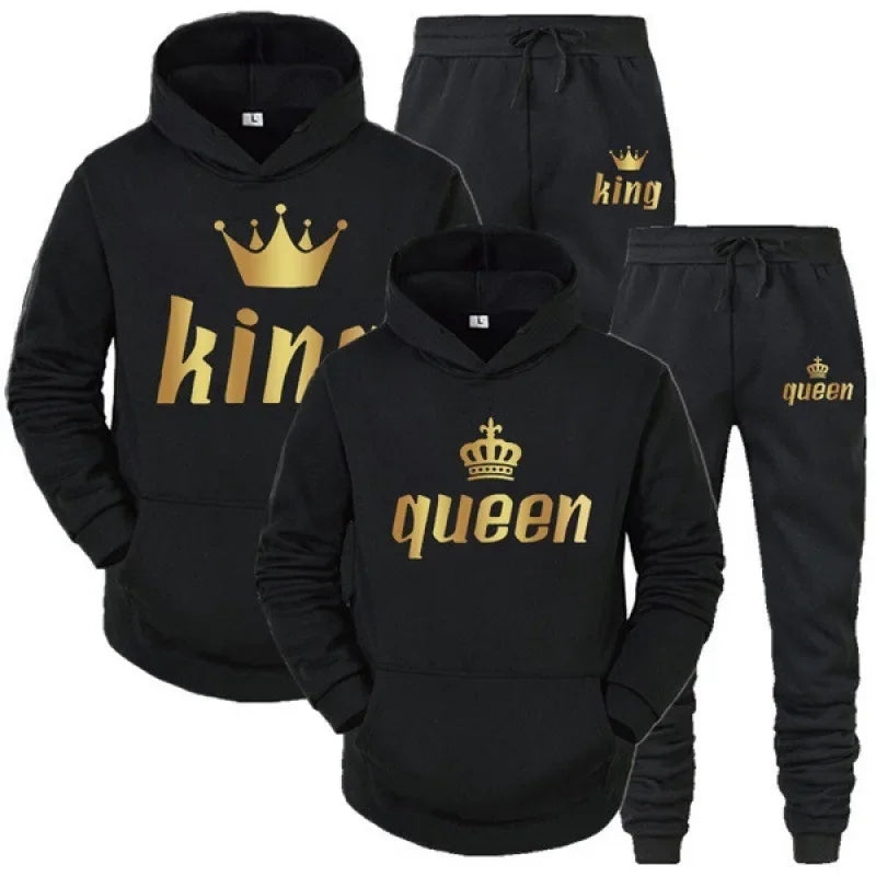 2025 Sports fashion long-sleeved King and Queen printed hoodie set Autumn and winter couple hoodie pants two-piece set