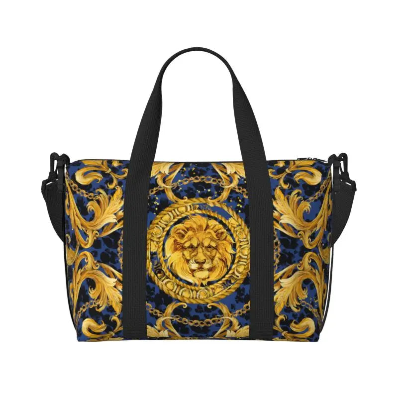 Golden Lion Baroque Pattern Travel Duffel Bag Personalized Weekender Bags with Shoulder Strap Unisex Sports Gym Overnight Bag