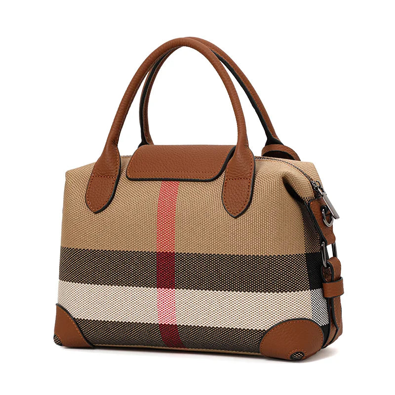 Aidran Exquisite women's bag, Boston bag with canvas and leather stitchingRetro plaid handbag for daily commute novelty of 2024