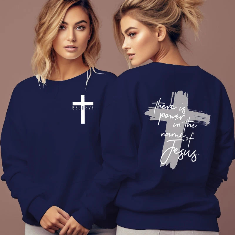 Women Christian Faith Sweatshirt There Is Power in The Name of Jesus Graphic Letter Hoodie Female Cross Faiths Hoodless Pullover