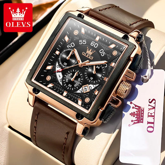 OLEVS Casual Fashion Men's Watches Leather strap Date Waterproof Quartz Watch for Man Luminous Square Dial Brand Male Wristwatch