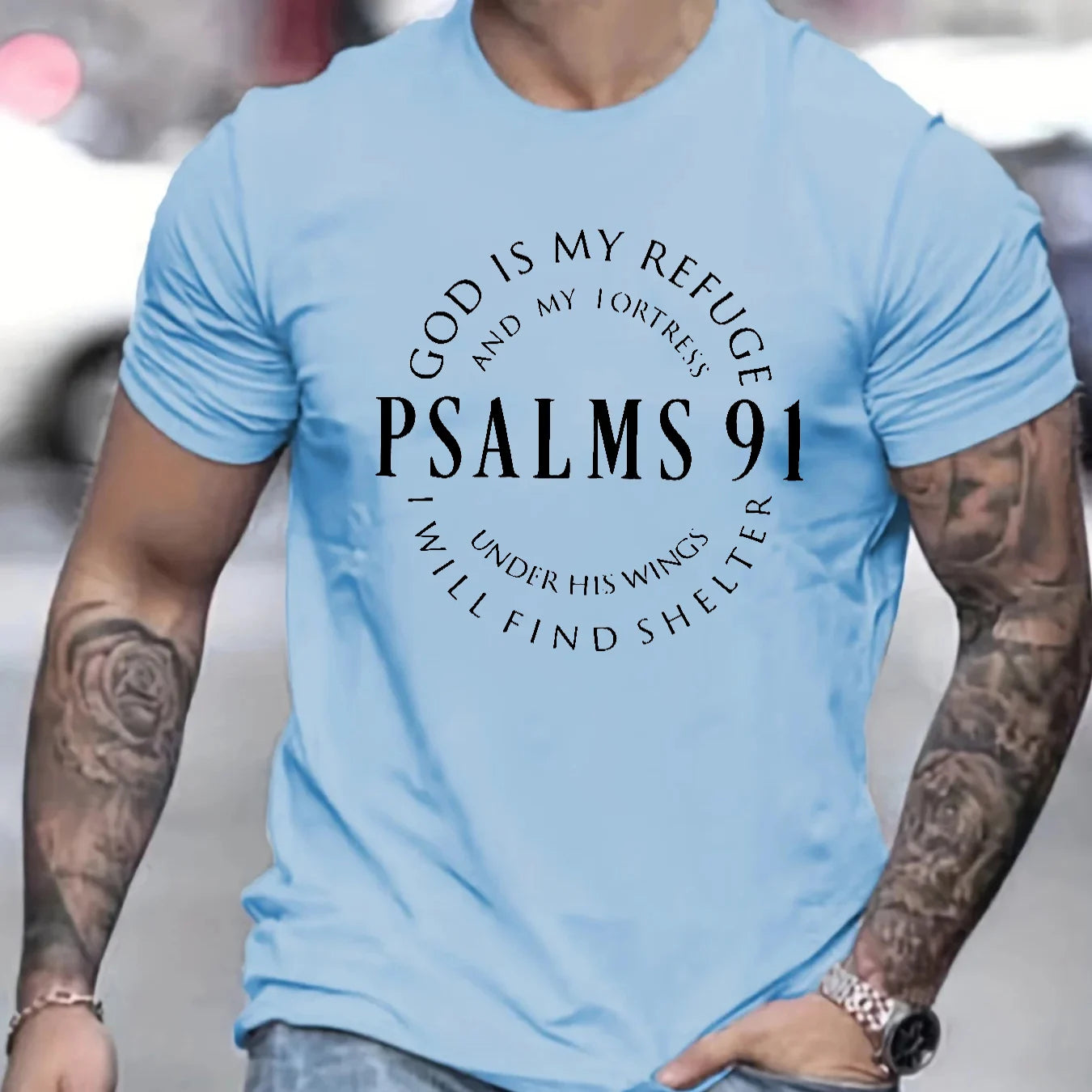 Men's 100% cotton summer loose fit Trendy Letter Psalms 91 Letter Ring Pattern print casual round neck short sleeved T-shirt