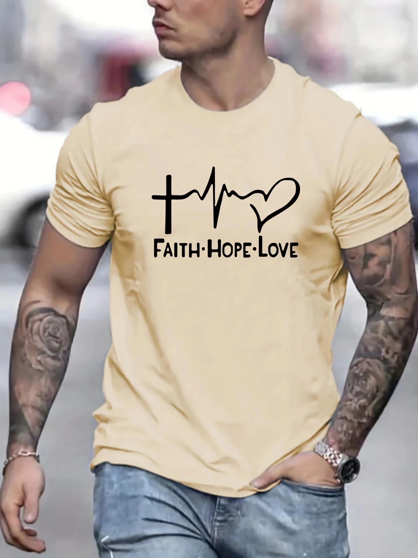 Men's 100% cotton fashionable casual sports loose fit plus size FAITH HOPE LOVE printed round neck short sleeved T-shirt top