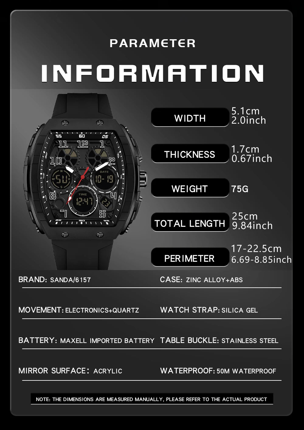 SANDA Men Watches Military Sports Quartz Electronic Watch Waterproof Watch Man Double Display Digital Wristwatch Date Male Clock