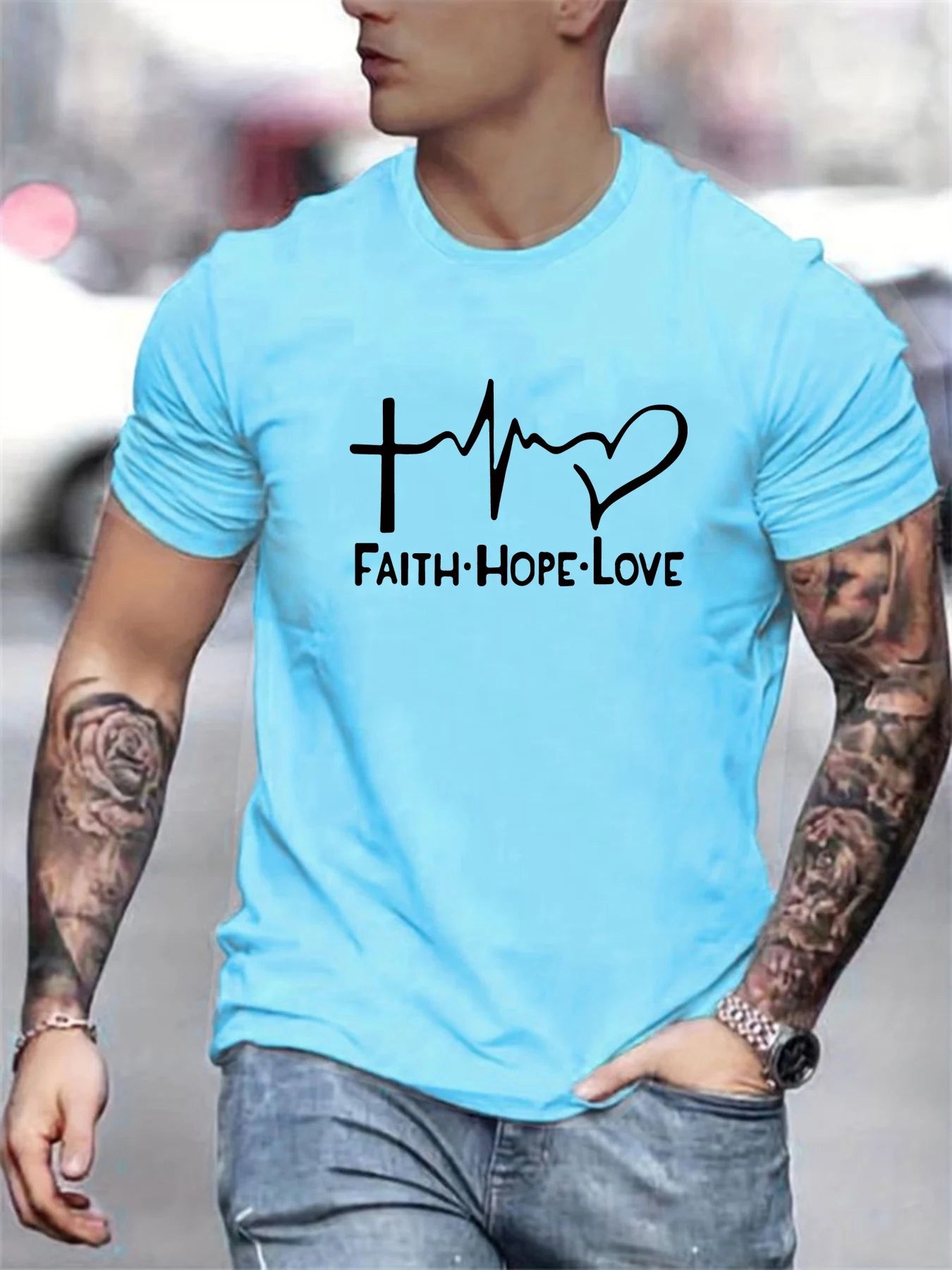 Men's 100% cotton fashionable casual sports loose fit plus size FAITH HOPE LOVE printed round neck short sleeved T-shirt top