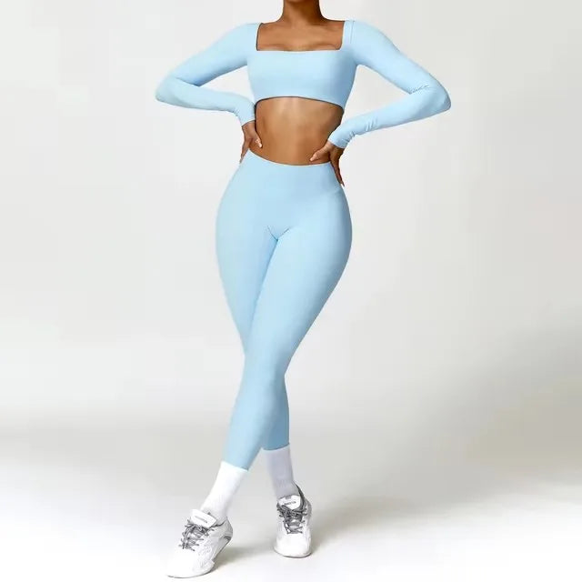 Yoga Set 2PCS Sportswear Workout Clothes Athletic Wear Gym Legging Fitness Bra Crop Top Long Sleeve Sports Suits Women Tracksuit