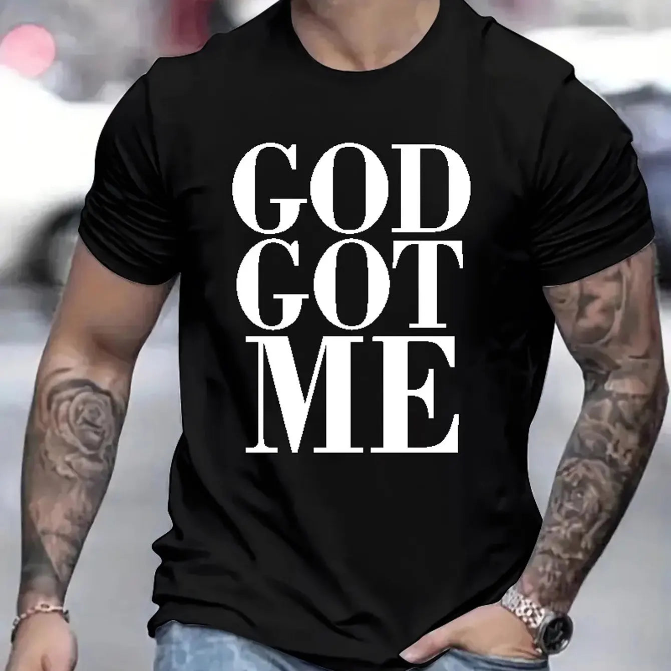 Men's Summer Loose Size 100% Cotton God Got Me Pattern Printed Slim Fit Casual Round Neck Short Sleeve T-shirt Top