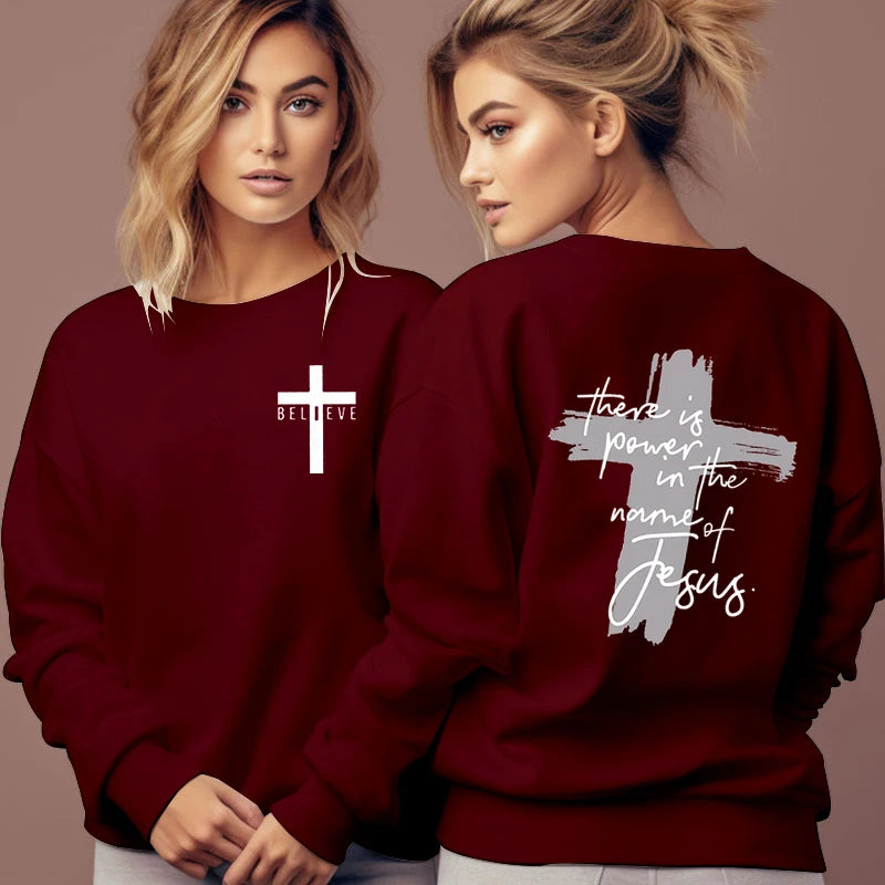 Women Christian Faith Sweatshirt There Is Power in The Name of Jesus Graphic Letter Hoodie Female Cross Faiths Hoodless Pullover