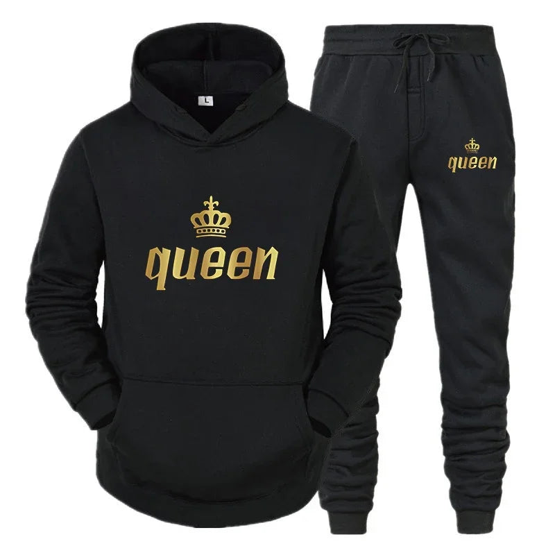 2025 Sports fashion long-sleeved King and Queen printed hoodie set Autumn and winter couple hoodie pants two-piece set