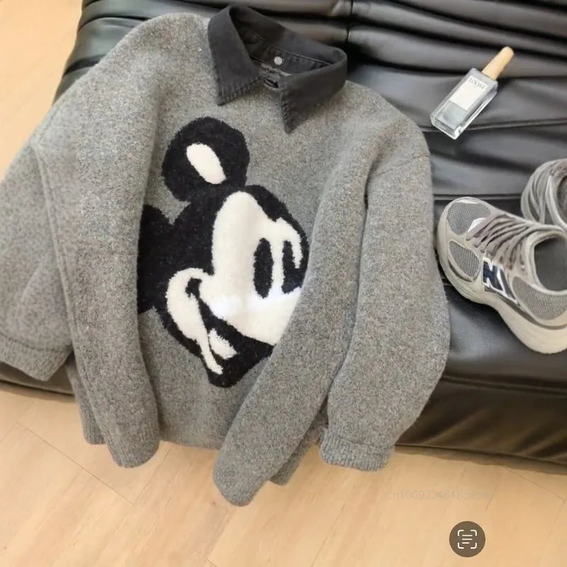 Disney Mickey Mouse Denim Collar Patchwork Sweater Women's Autumn Winter High-end Loose Knit Top Korean Version Causal Pullovers