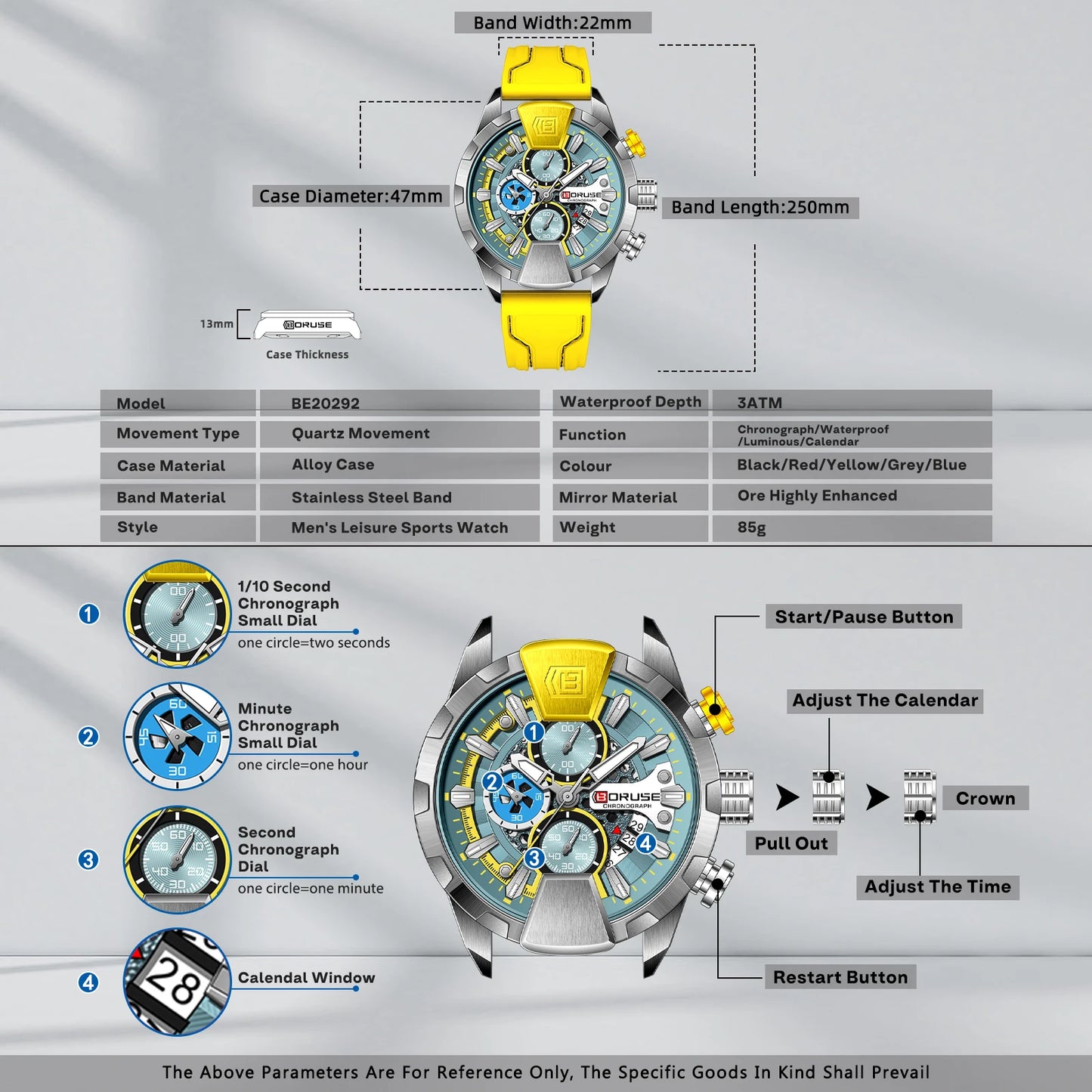 BORUSE Yellow Watches for Men Waterproof Chronograph Watch Mens Business Luminous Wristwatch Calendar Clock Relogio Masculino