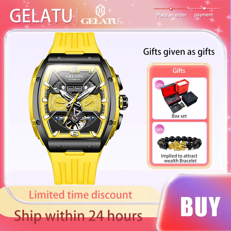 GELATU 6013 Luxury High Quality Men's Mechanical Watch Waterproof Silicon Tape Watch for Men Multifunctional Fashion Wristwatch