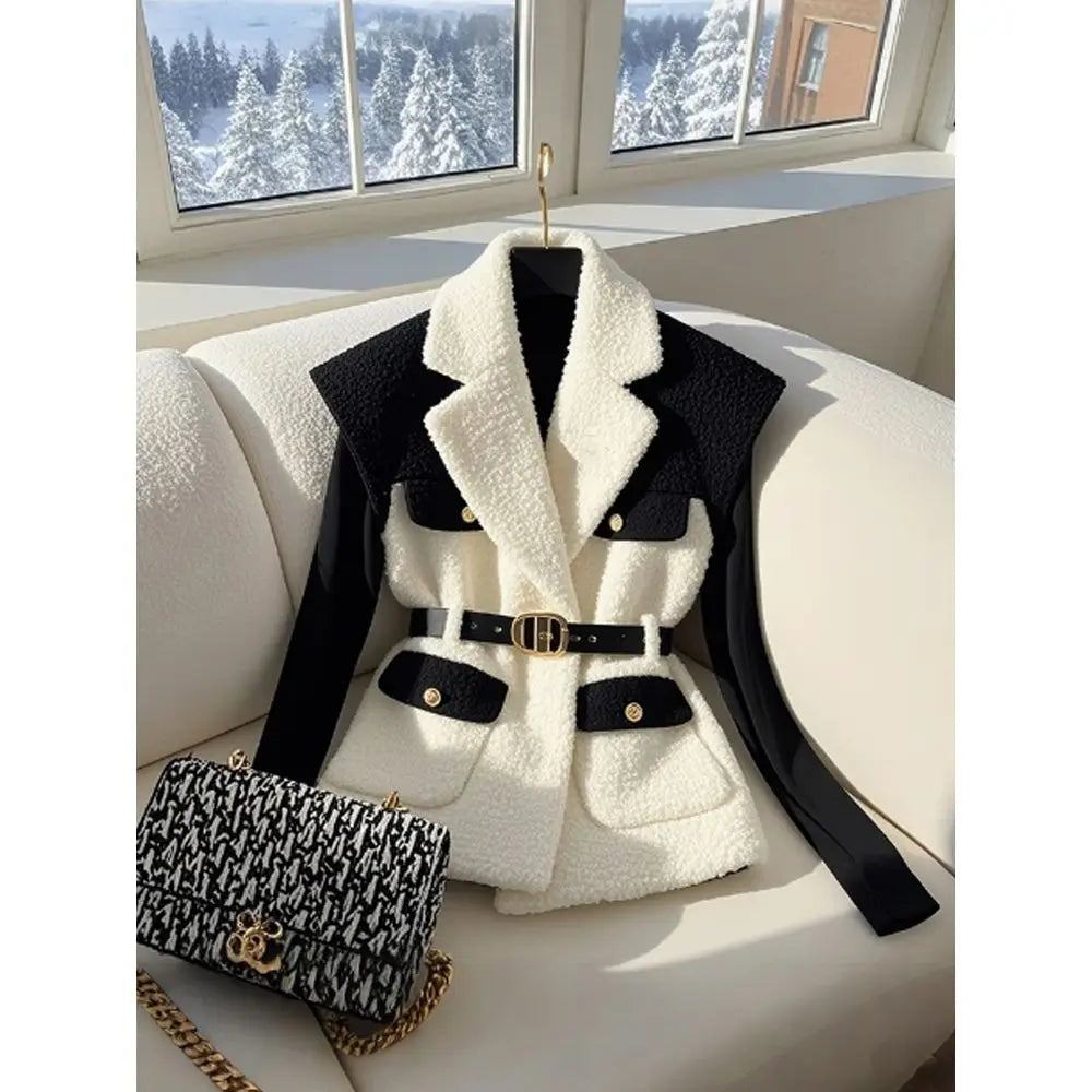 Women's Spliced Vest 2025 New Winter High-end Feeling Unique Super Good-looking Thick Black White Splicing Vest Layered Jacket