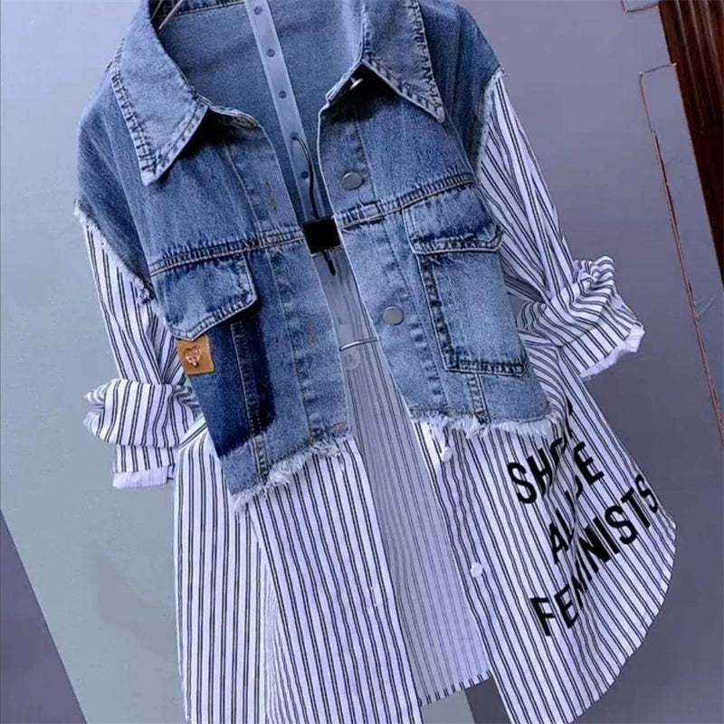 New Splicing Denim Jacket Women Spring Autumn Korean Fashion Denim Shirt Ladies Tops Casual Jean Coat Female Windbreaker