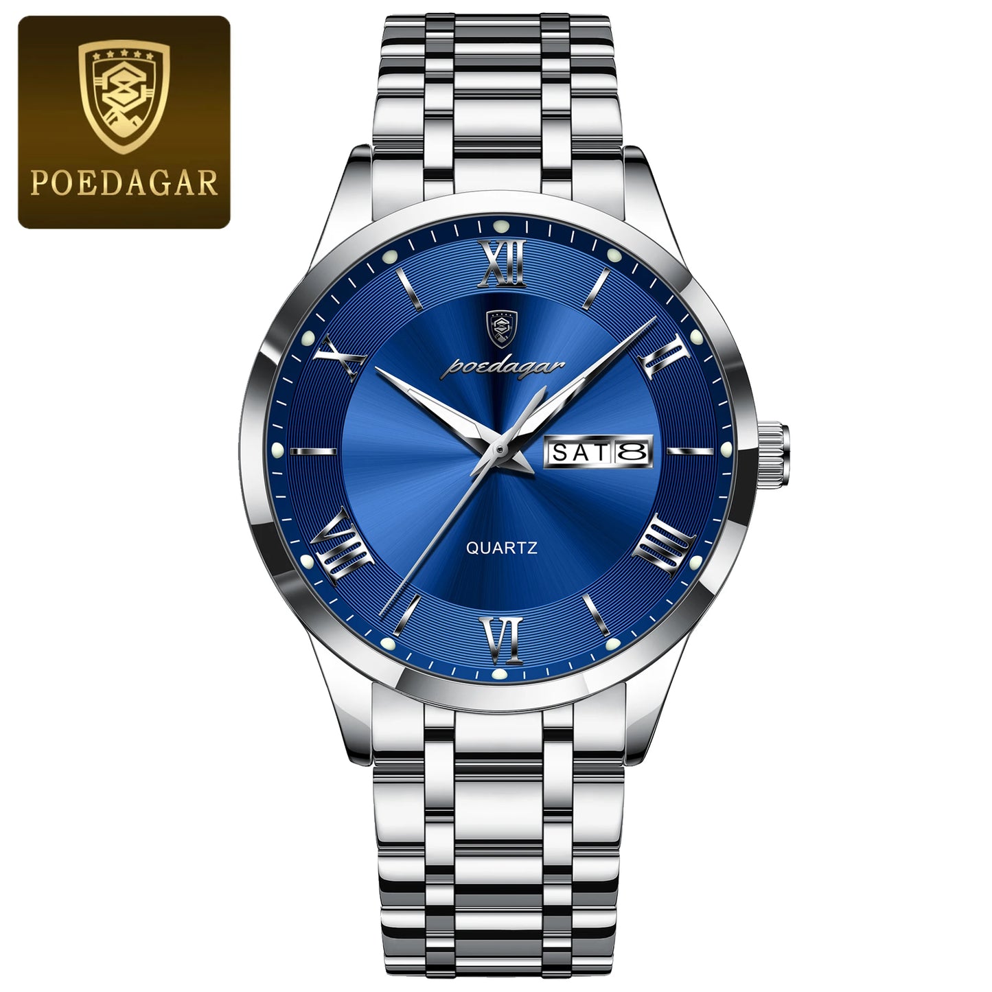 POEDAGAR Luxury Fashion Men Clock Waterproof Luminous Week Date Sports Man Wristwatch Stainless Steel Men's Quartz Watches Reloj