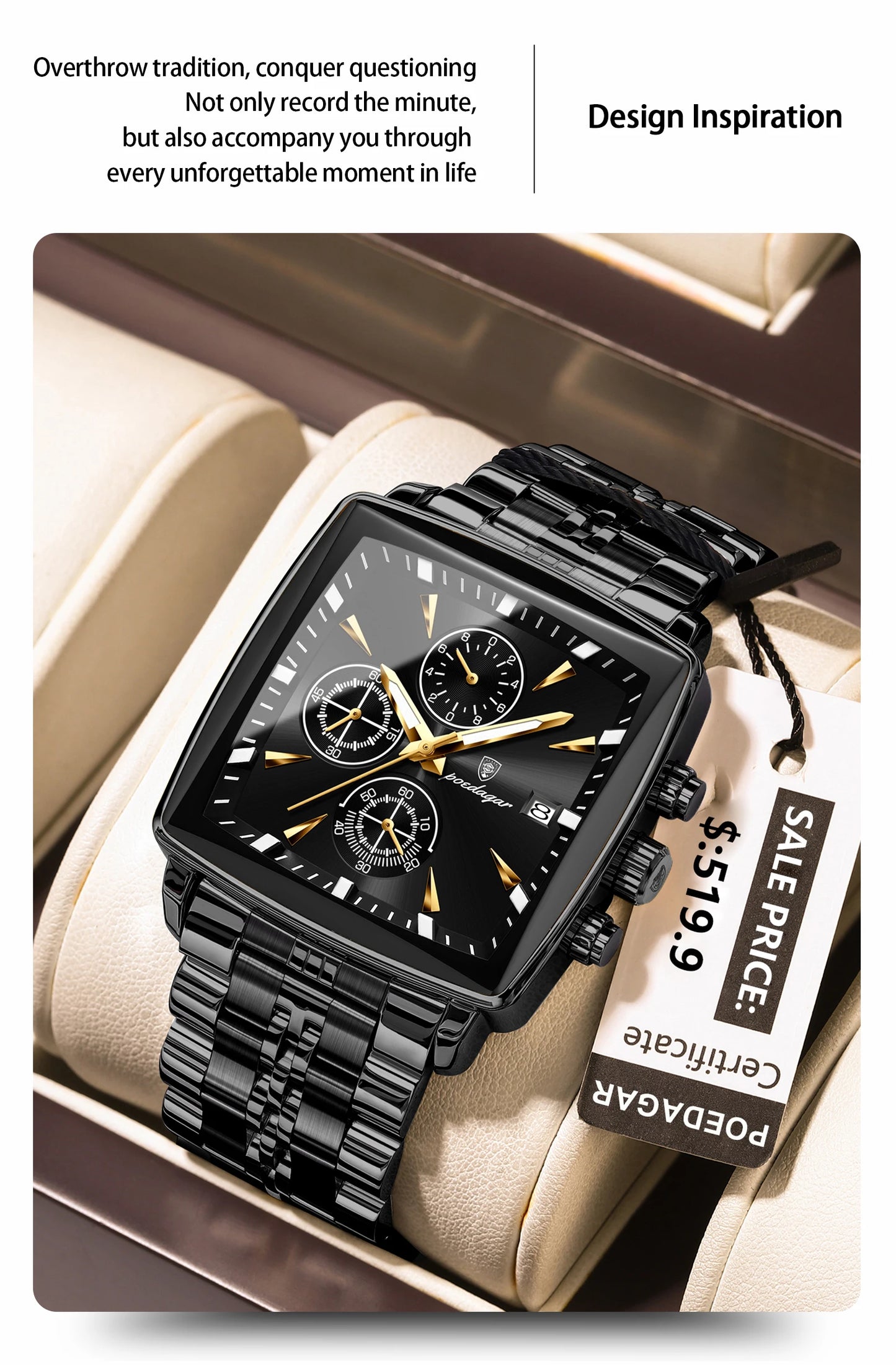 POEDAGAR Business Men Clock Waterproof Luminous Calendar Chronograph Square Man Watch Stainless Steel Quartz Men's Watches Reloj