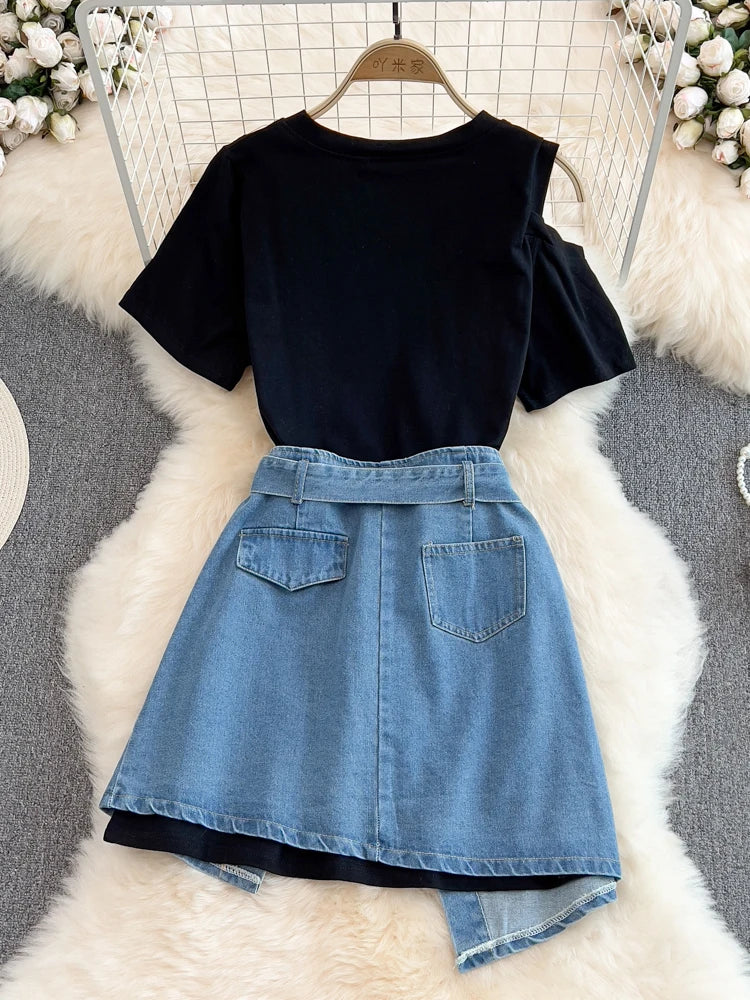 XFPV Women's Round Neck Off Shoulder Mid Length T-shirt Short Sleeve Two Piece Set High Waist Denim Skirt  Fashion Summer 2025