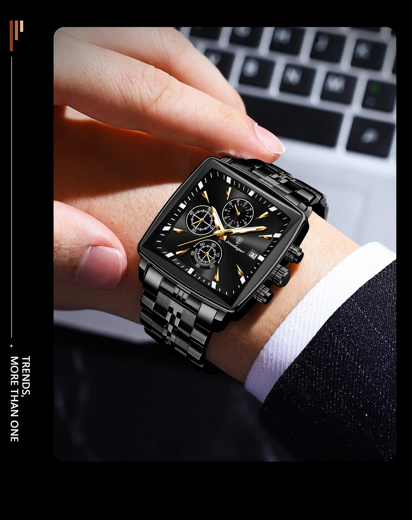 POEDAGAR Business Men Clock Waterproof Luminous Calendar Chronograph Square Man Watch Stainless Steel Quartz Men's Watches Reloj