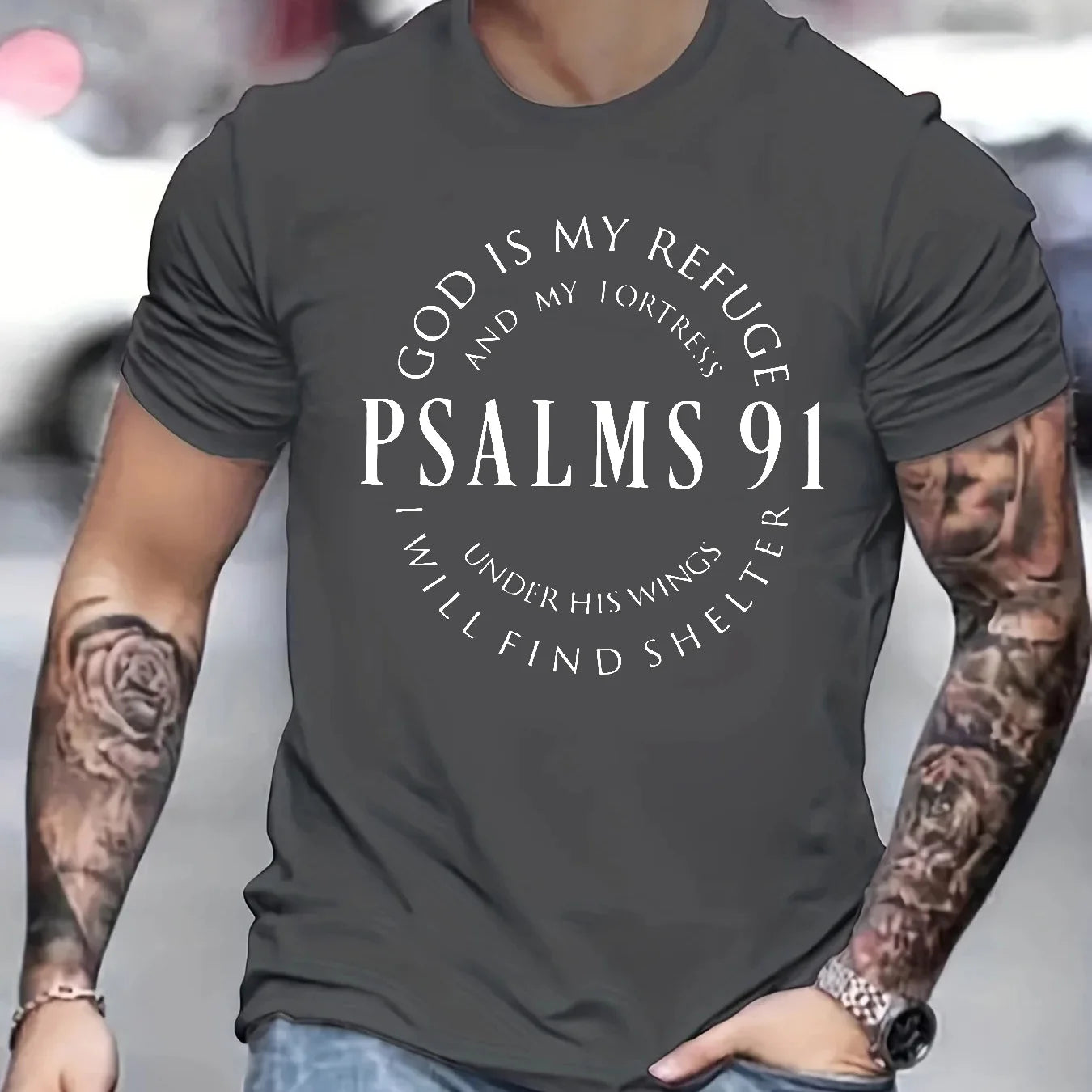 Men's 100% cotton summer loose fit Trendy Letter Psalms 91 Letter Ring Pattern print casual round neck short sleeved T-shirt