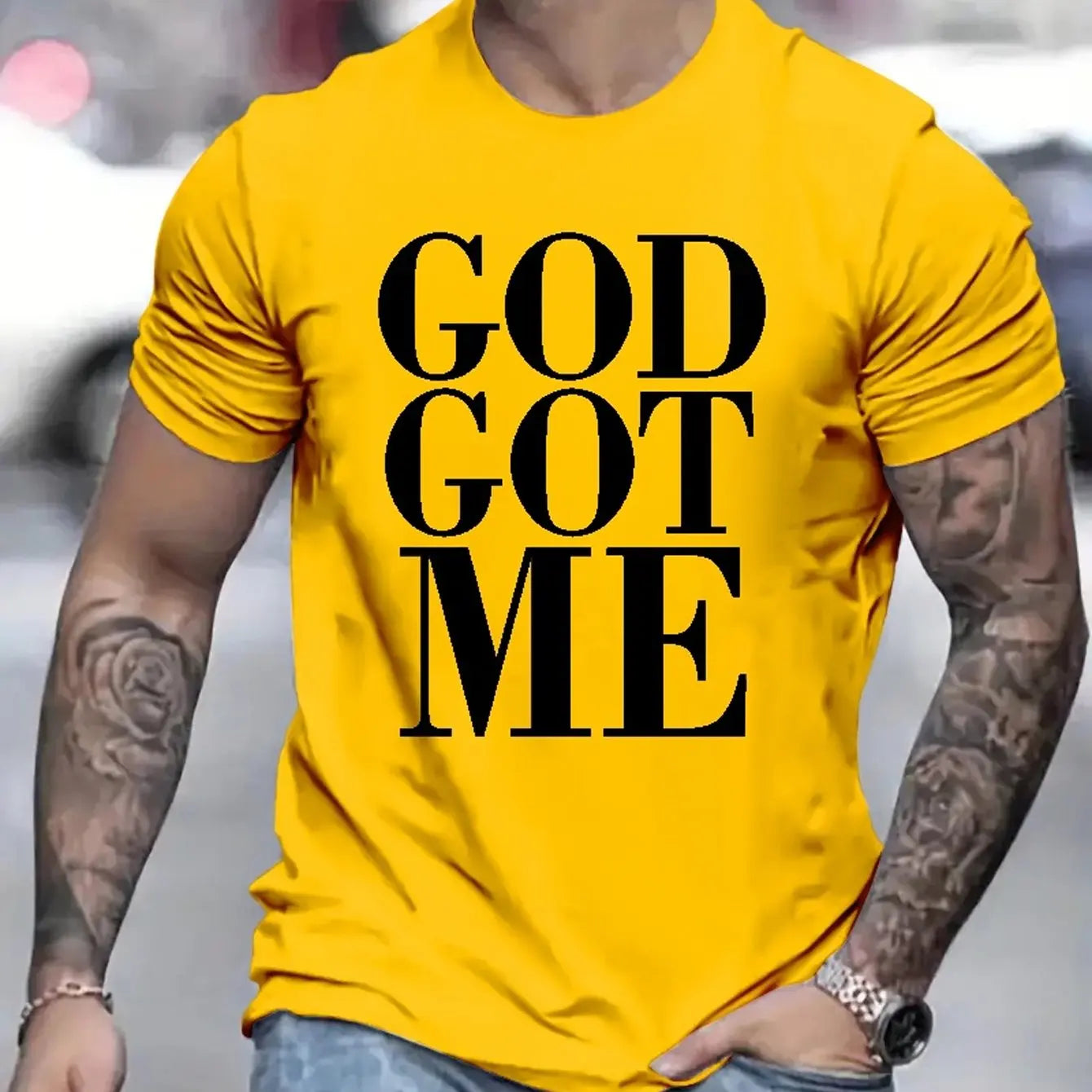 Men's Summer Loose Size 100% Cotton God Got Me Pattern Printed Slim Fit Casual Round Neck Short Sleeve T-shirt Top