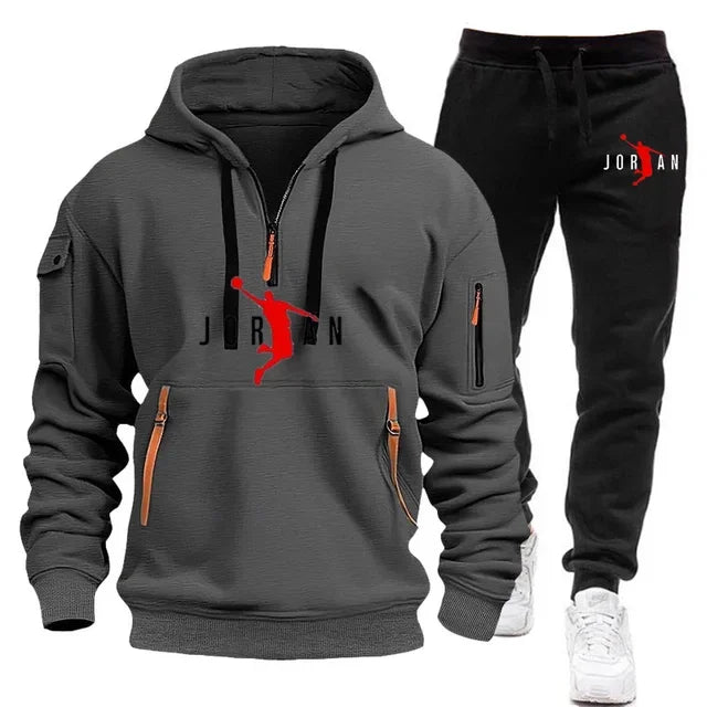 2025 new men's autumn and winter trend sports hoodie + sweatpants Fashion casual jogging hooded printed pattern sportswear 2 set