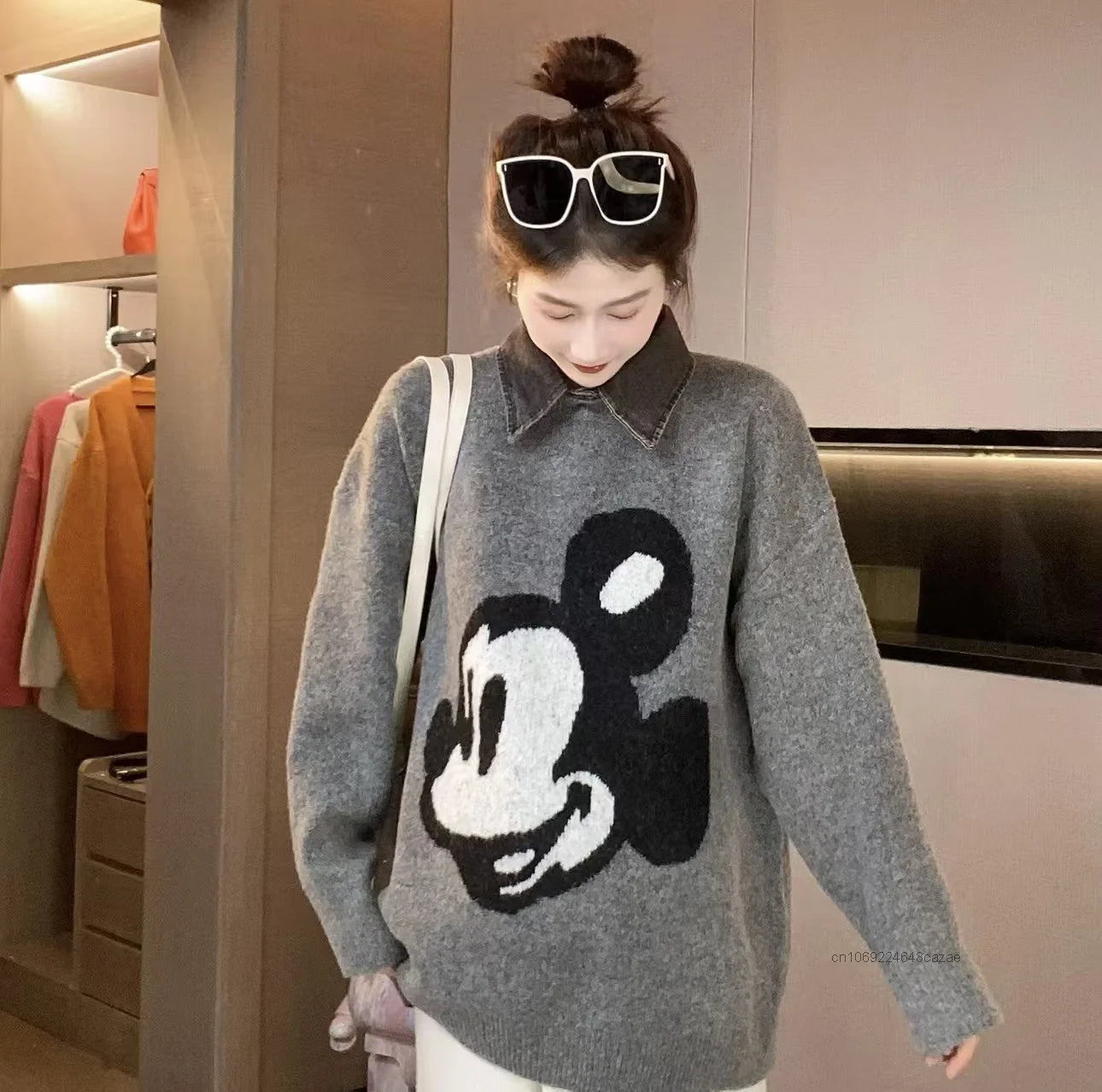 Disney Mickey Mouse Denim Collar Patchwork Sweater Women's Autumn Winter High-end Loose Knit Top Korean Version Causal Pullovers