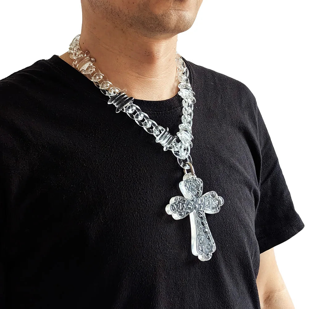 Trendy Acrylic Transparent Big Jesus Christ Cross Pendant Necklace for Men Hiphop Brambles Wire Necklaces Fashion Male Jewelry