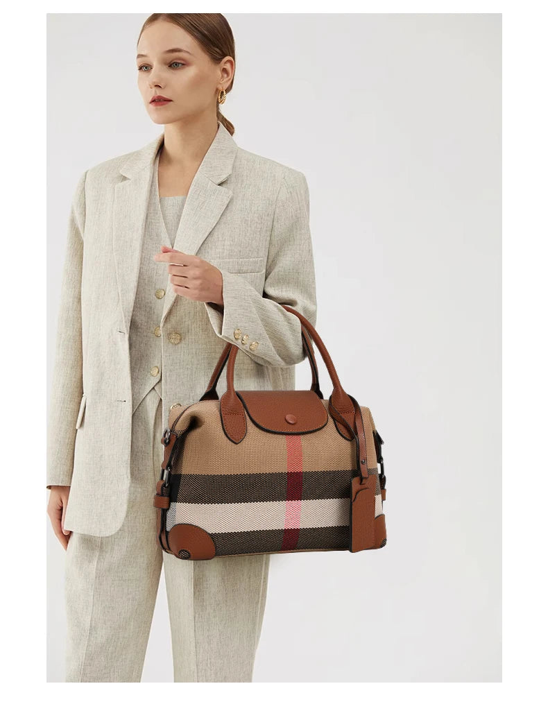 Aidran Exquisite women's bag, Boston bag with canvas and leather stitchingRetro plaid handbag for daily commute novelty of 2024