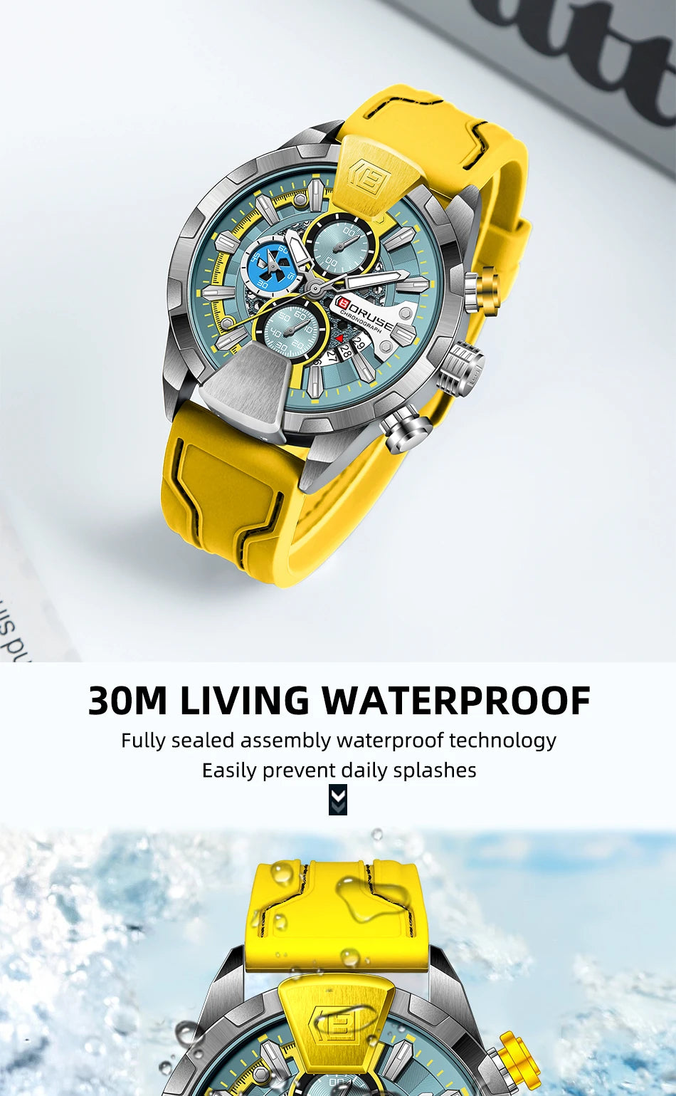 BORUSE Yellow Watches for Men Waterproof Chronograph Watch Mens Business Luminous Wristwatch Calendar Clock Relogio Masculino